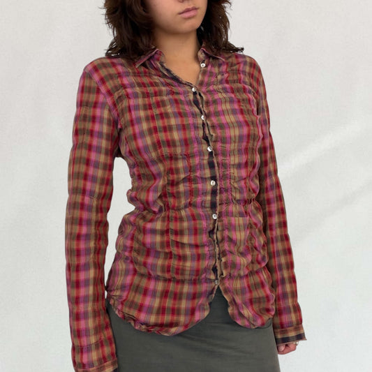 Vintage red, pink & brown Marithé + François Girbaud textured plaid shirt
